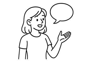 Vector illustration of woman talking with a speech bubble. Dialogue, communication, presentation, customer service, message concept. Simple outline cartoon character.