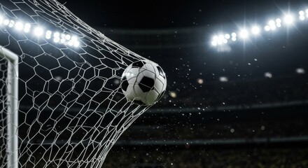 Soccer Ball in Goal Net Under Stadium Lights