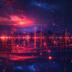 Naklejka premium A vibrant, futuristic city skyline reflecting in a crimson water. Stars, reddish-orange sunset, and glowing lights adorn the scene