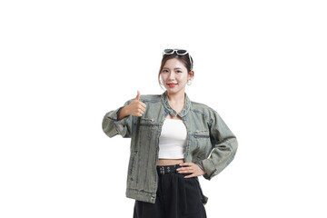 Thumbs Up of Optimism: A radiant woman, adorned with stylish eyewear, gives a spirited thumbs-up, projecting an aura of positivity and assurance.