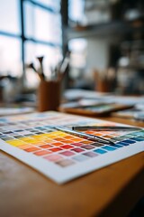 A color palette with a pen and paintbrushes on a wooden table in a bright studio setting
