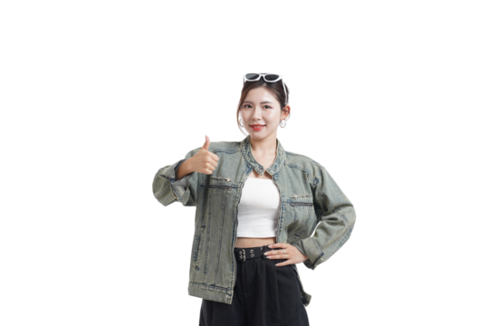 Thumbs Up of Optimism: A radiant woman, adorned with stylish eyewear, gives a spirited thumbs-up, projecting an aura of positivity and assurance.