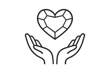Fototapeta premium Open hands holding a heart shaped gem. Line icon for donation, charity, health and volunteering. Symbol of love, care, kindness, support. Precious diamond vector illustration.