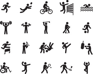 diverse, vector, illustration, icons, design, sports, activities, running, diving, cycling, volleyball, swimming, weightlifting, dumbbells, golf, skiing, soccer, jumping, archery, wrestling, kickboxin
