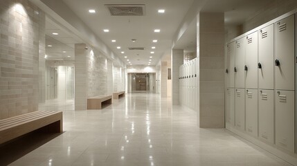 Fototapeta premium Row of white metal lockers along beige wall