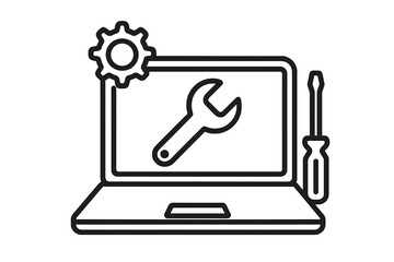 Laptop repair service icon. Computer maintenance and technical support symbol. Notebook diagnostic, settings, and configuration vector. IT help and fix line art concept.