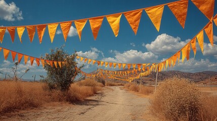 Triangular pennant flags on string isolated on plain background