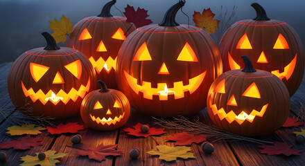 Spooky glowing jack-o'-lanterns arranged on a wooden surface surrounded by autumn leaves