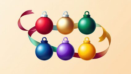 Vibrant Christmas ornaments with flowing ribbons create festive holiday cheer and celebratory mood