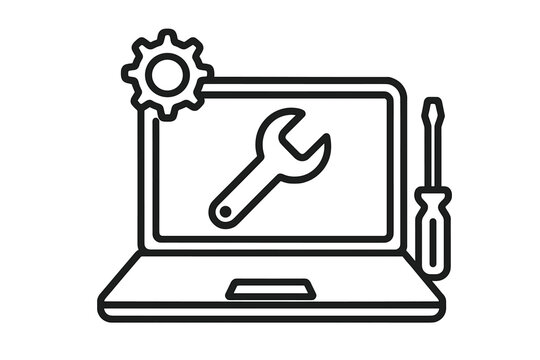 Laptop repair service icon. Computer maintenance and technical support symbol. Notebook diagnostic, settings, and configuration vector. IT help and fix line art concept.