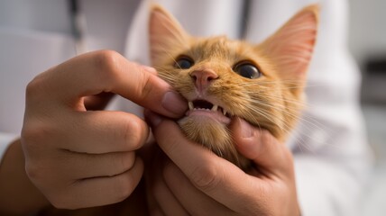 Veterinarian examining the teeth and gums of a young ginger kitten during a regular check up at their clinic