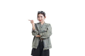 Pointing Direction: A stylish individual in a light-toned garment gazes directly at the camera, her index finger elegantly directing viewers' attention.