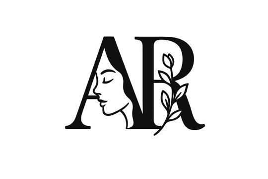 Elegant AR letter logo with woman face and leaf. Beauty salon, spa, cosmetics icon. Minimalist feminine monogram design. Natural skincare brand identity vector illustration.