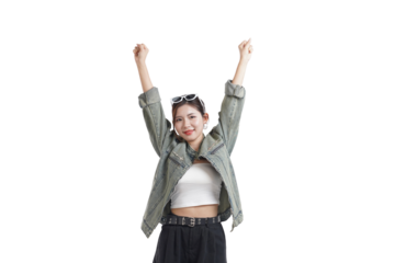Joyful Woman: Capturing a moment of pure bliss, a young woman radiates with open arms raised in the air, dressed in casual attire, embracing a sense of freedom and celebrating happiness.