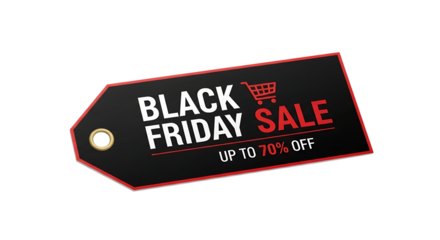 Black friday sale up to seventy percent off tag promotion shopping discount offer limited time deals marketing transparent background