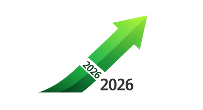 Growth forecast for the year of two thousand twenty six with green arrow pointing upward direction showing progress transparent background