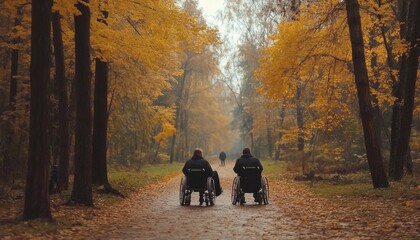 Two individuals are seen from behind, sitting in wheelchairs and traversing a path lined with trees showcasing vibrant autumn foliage.
