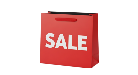 Red sale shopping bag promotional image for online retail store discount offers and clearance event specials transparent background
