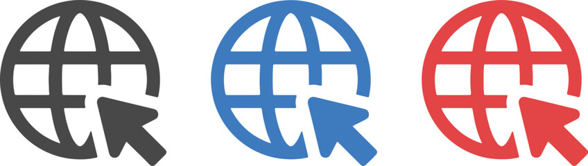 globe, world, internet, web, cursor, pointer, click, navigation, online, connection, network, technology, icon, symbol, graphic, design, vector, illustration, dark gray, blue, red, white background, a