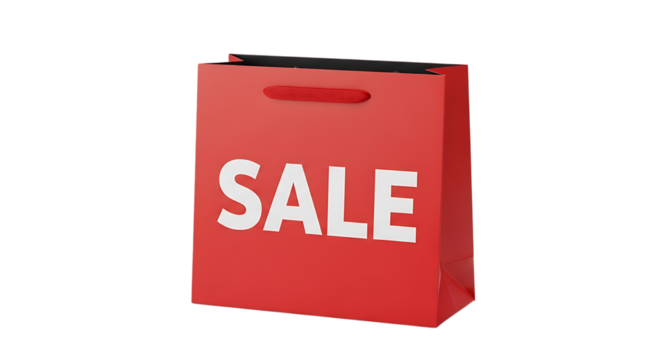 Red sale shopping bag promotional image for online retail store discount offers and clearance event specials transparent background