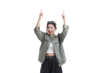 Joyful Revelation: A cheerful individual celebrates an exciting discovery with arms raised high, sunglasses perched, embodying happiness and optimism in this vibrant visual narrative.