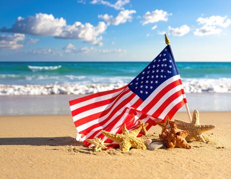 American flag on sandy beach, ocean background - Powered by Adobe