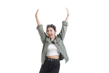 Joyful Gesture: An expressive young woman stands with arms raised, celebrating and emanating positivity, capturing the essence of a moment of pure happiness.