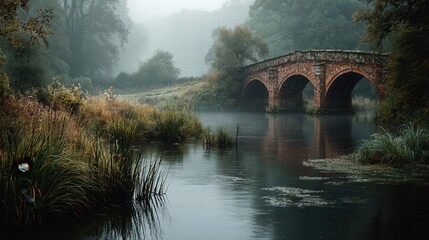 Rust brick bridge over reflective water at sunset