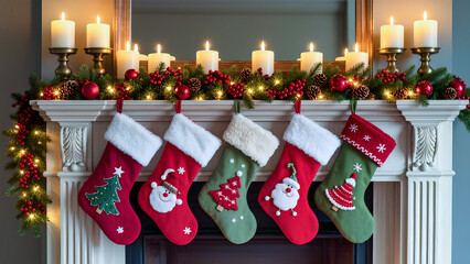 A beautiful, cozy, and high-quality image of a festive fireplace mantel decorated for Christmas. Five knitted Christmas stockings with unique holiday patterns are hanging from the white mantelpiece. T