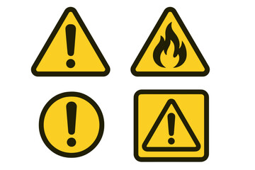 Warning sign set with hazard symbols. Danger icon collection with exclamation mark. Flammable fire risk logo. Caution alert traffic signs. Safety vector illustration isolated.
