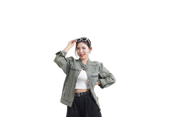 Modern Woman in Casual Elegance: A stylish woman exudes confidence and charm, donning a trendy denim jacket and sunglasses, embodying the essence of contemporary fashion and casual elegance.