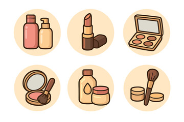 Cosmetics icon set for social media. Beauty products vector collection. Makeup glamour illustration. Lipstick, eyeshadow, blush, powder, foundation, cream, brush icons.
