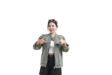 Woman's Confidence: A smiling woman, radiating confidence and empowerment, points towards the subject in front of her. Captured with bright studio lighting.