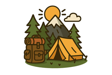 Summer camp adventure logo. Vector cartoon illustration of camping in nature. Outdoor travel with tent, backpack in forest. Mountain wilderness exploration and hiking concept.