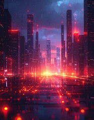 Fototapeta premium Futuristic city skyline at dawn, vibrant neon lights, reflected on a wet road