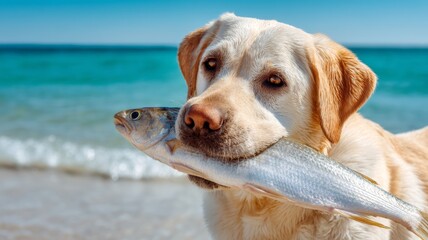 Yellow Labrador Retriever dog holding a fresh fish in mouth on a sunny beach with blue ocean