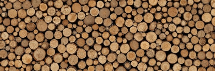 A close-up view of stacked, circular wood logs, showcasing intricate wood grain patterns and warm, natural tones.