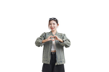 Love Gesture: A captivating individual forms a heart shape with her hands, her radiant smile and stylish appearance conveying warmth, affection, and genuine emotion.