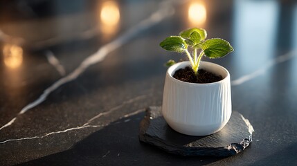 Small plant in white pot on dark marble surface with blurred background in soft natural lighting