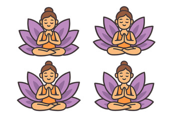 Yoga woman in lotus pose meditating with namaste hands. Serene character inside a purple lotus flower. Zen, spiritual wellness, and harmony concept. Vector icon set.