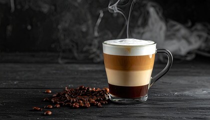 A layered coffee drink in a clear glass mug, steaming, sits on a dark wooden surface with coffee beans