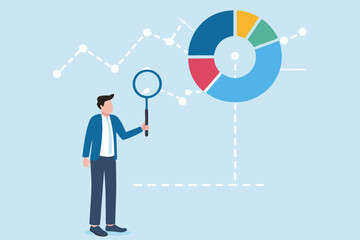 Business analyst examining pie chart and line graph with magnifying glass for data analysis and insights