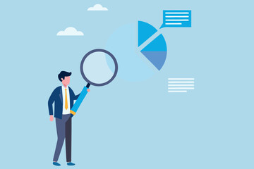 Businessman examining a pie chart with a magnifying glass symbolizing data analysis and research