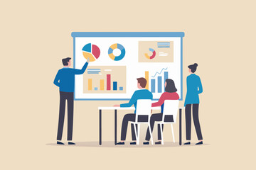Business team collaborating and analyzing charts and graphs during a presentation meeting