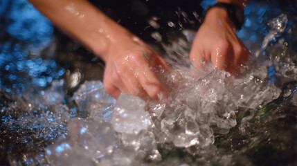 Fototapeta premium Hands breaking ice into bath, close-up on tactile contact with cold water, ice cubes glistening, sharp textures and reflections highlighting recovery practice