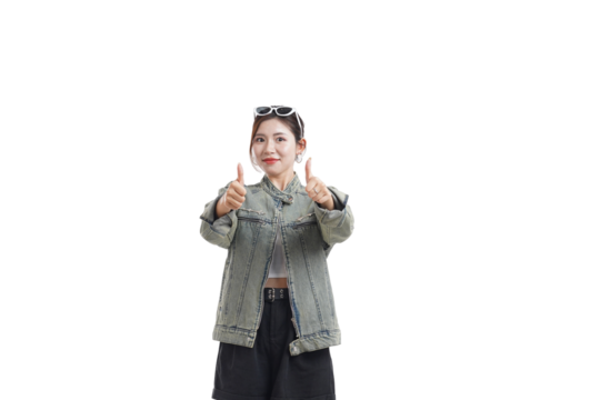 Thumbs Up of Approval: A vibrant and stylish young woman flashes a confident smile as she gives a double thumbs-up gesture of approval, conveying a message of positivity and assurance.