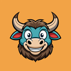 Fototapeta premium Cartoon Bull Head Mascot Vector Illustration Funny Yak Ox Buffalo Face Character Happy Smiling Bison Artwork Cute Farm Animal Icon Playful Bull Cartoon Logo Modern Sports Mascot
