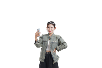 Selfie Time: A poised woman confidently holds her phone, capturing a moment in her day. Emphasizing self-expression, technology, and modern lifestyle.