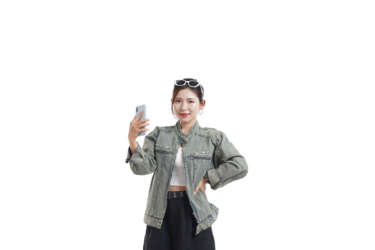 Selfie Time: A poised woman confidently holds her phone, capturing a moment in her day. Emphasizing self-expression, technology, and modern lifestyle. 