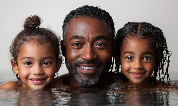A smiling father and two daughters in a pool.  Happy family